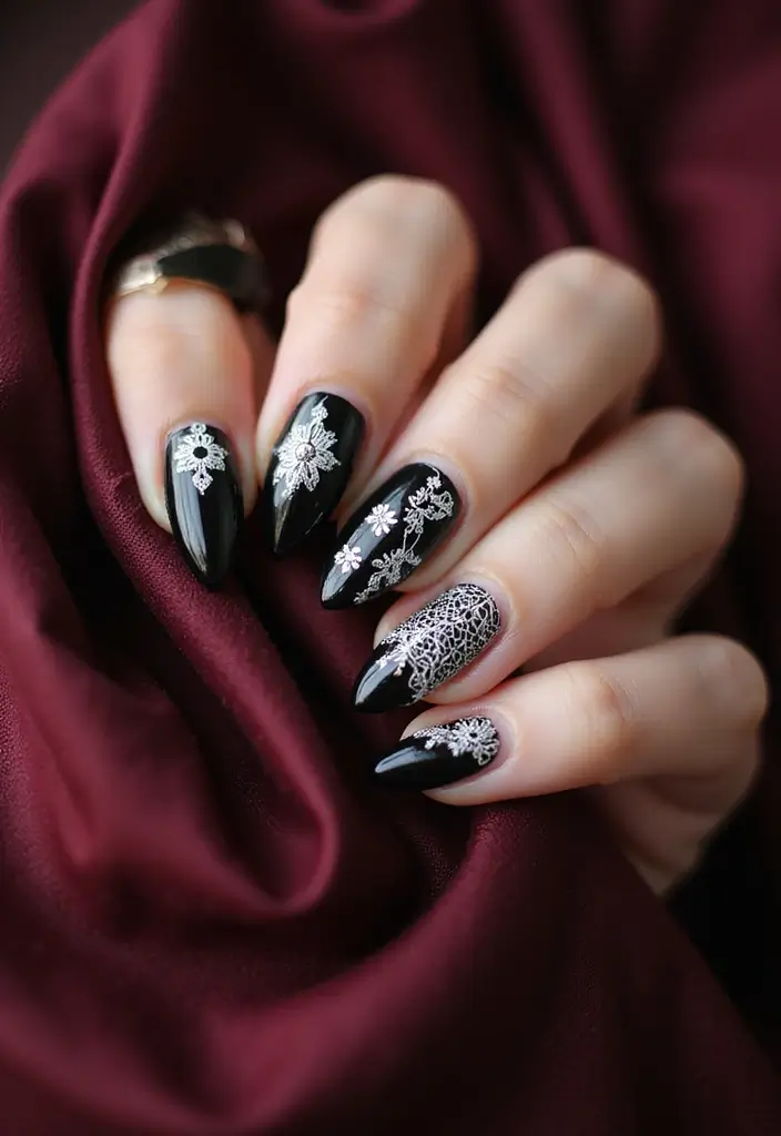 45 Sleek Black Nail Ideas for Timeless Beauty - 17. Vintage Black Lace