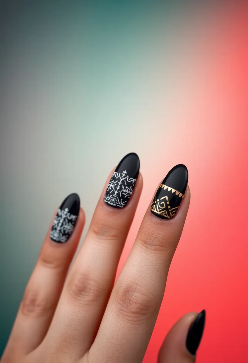 45 Sleek Black Nail Ideas for Timeless Beauty - 20. Black Aztec Patterns