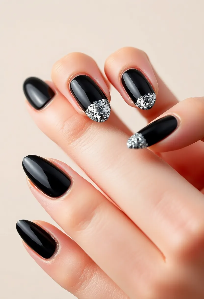 45 Sleek Black Nail Ideas for Timeless Beauty - 25. Black Sparkle Tips