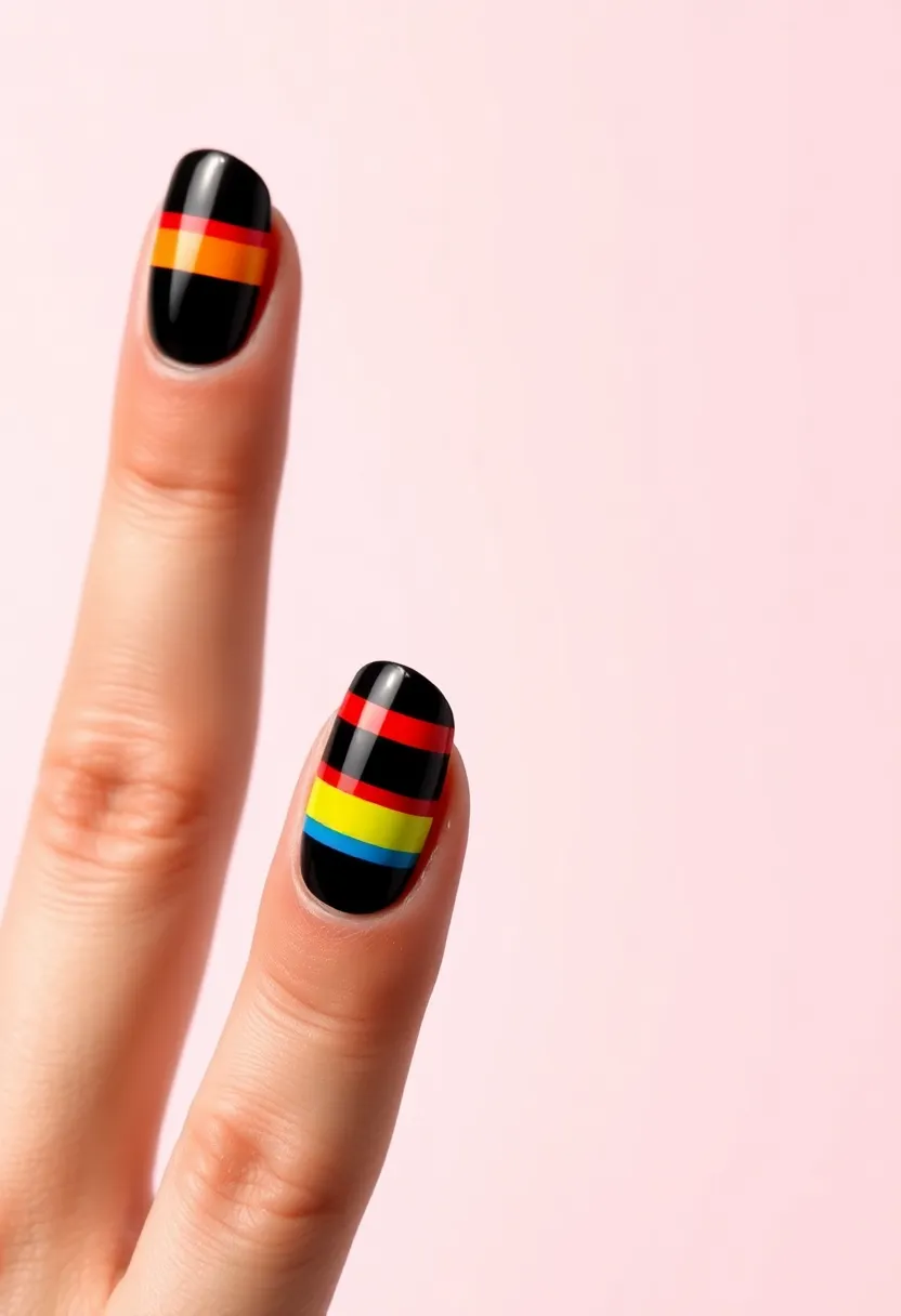 45 Sleek Black Nail Ideas for Timeless Beauty - 26. Black with Colorful Stripes