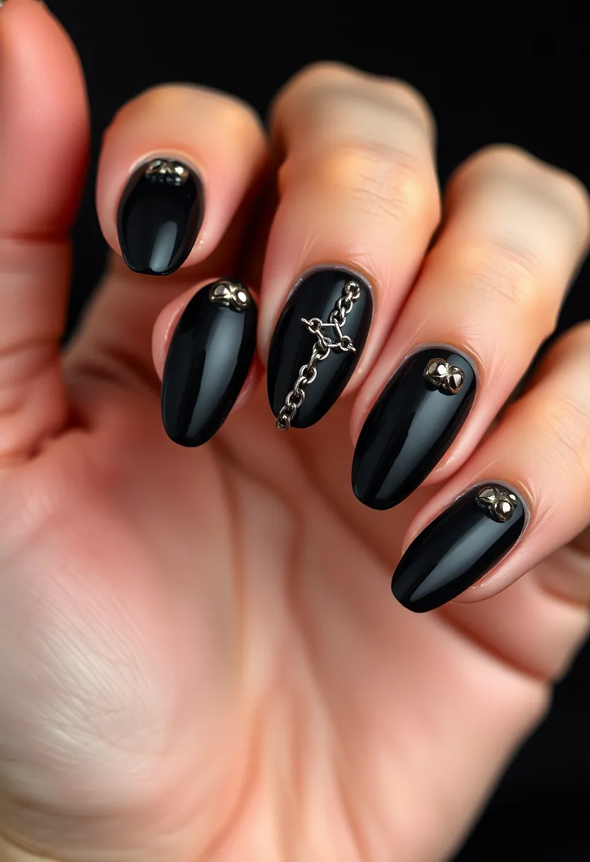 45 Sleek Black Nail Ideas for Timeless Beauty - 29. Black with Studs and Chains