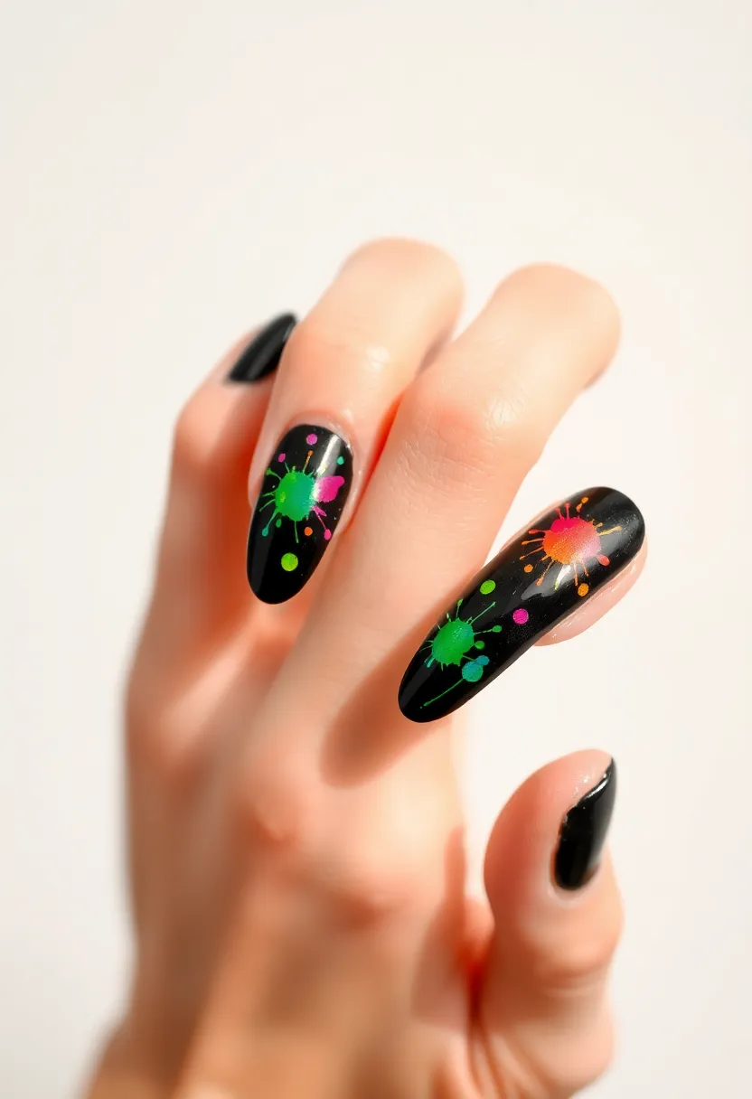 45 Sleek Black Nail Ideas for Timeless Beauty - 30. Black and Rainbow Splashes