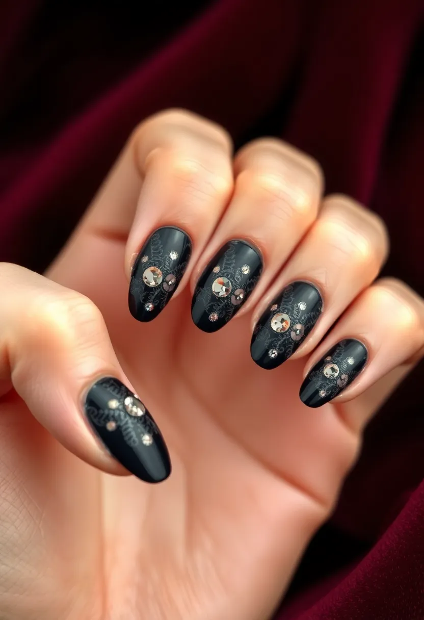 45 Sleek Black Nail Ideas for Timeless Beauty - 32. Black Lace and Rhinestones