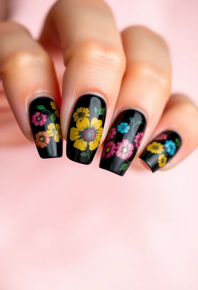 45 Sleek Black Nail Ideas for Timeless Beauty - 33. Black with Colorful Flowers