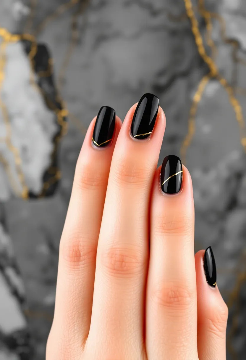 45 Sleek Black Nail Ideas for Timeless Beauty - 34. Black Stripes with Gold Accents