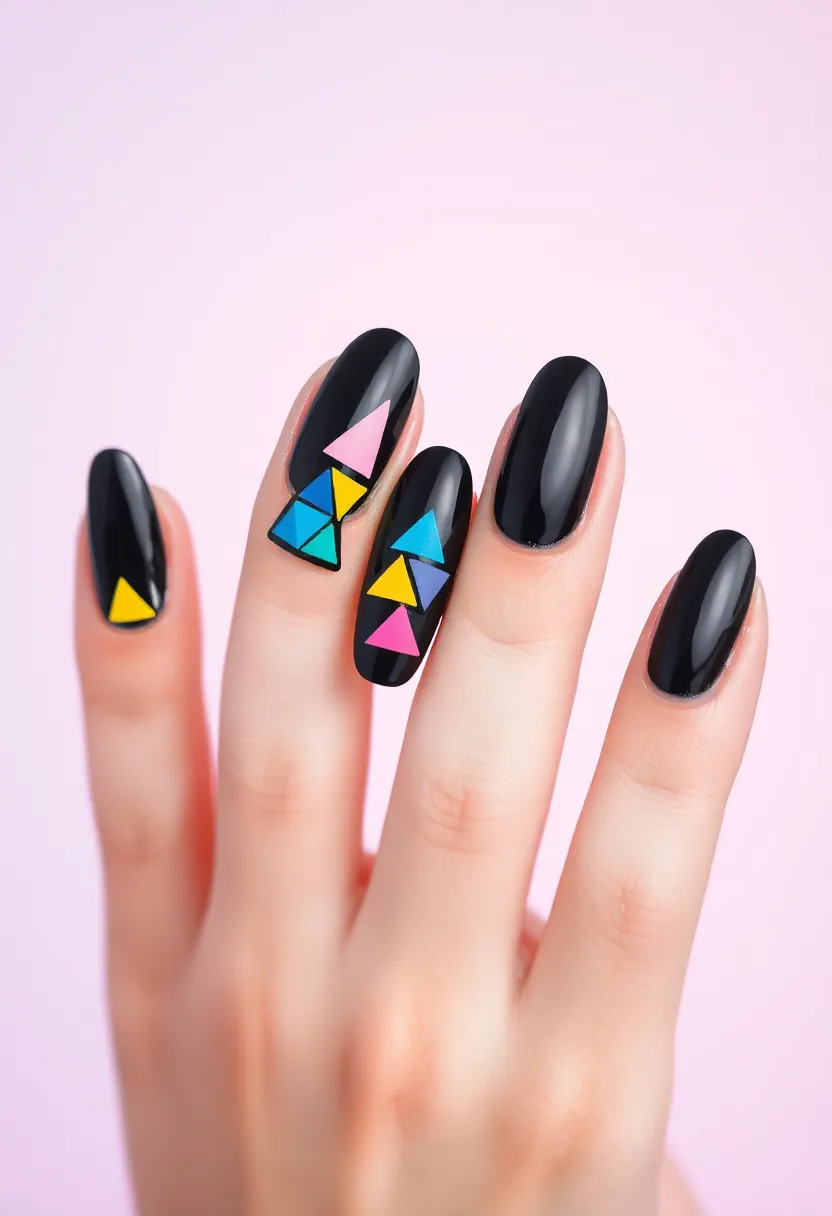 45 Sleek Black Nail Ideas for Timeless Beauty - 39. Black with Colorful Triangles