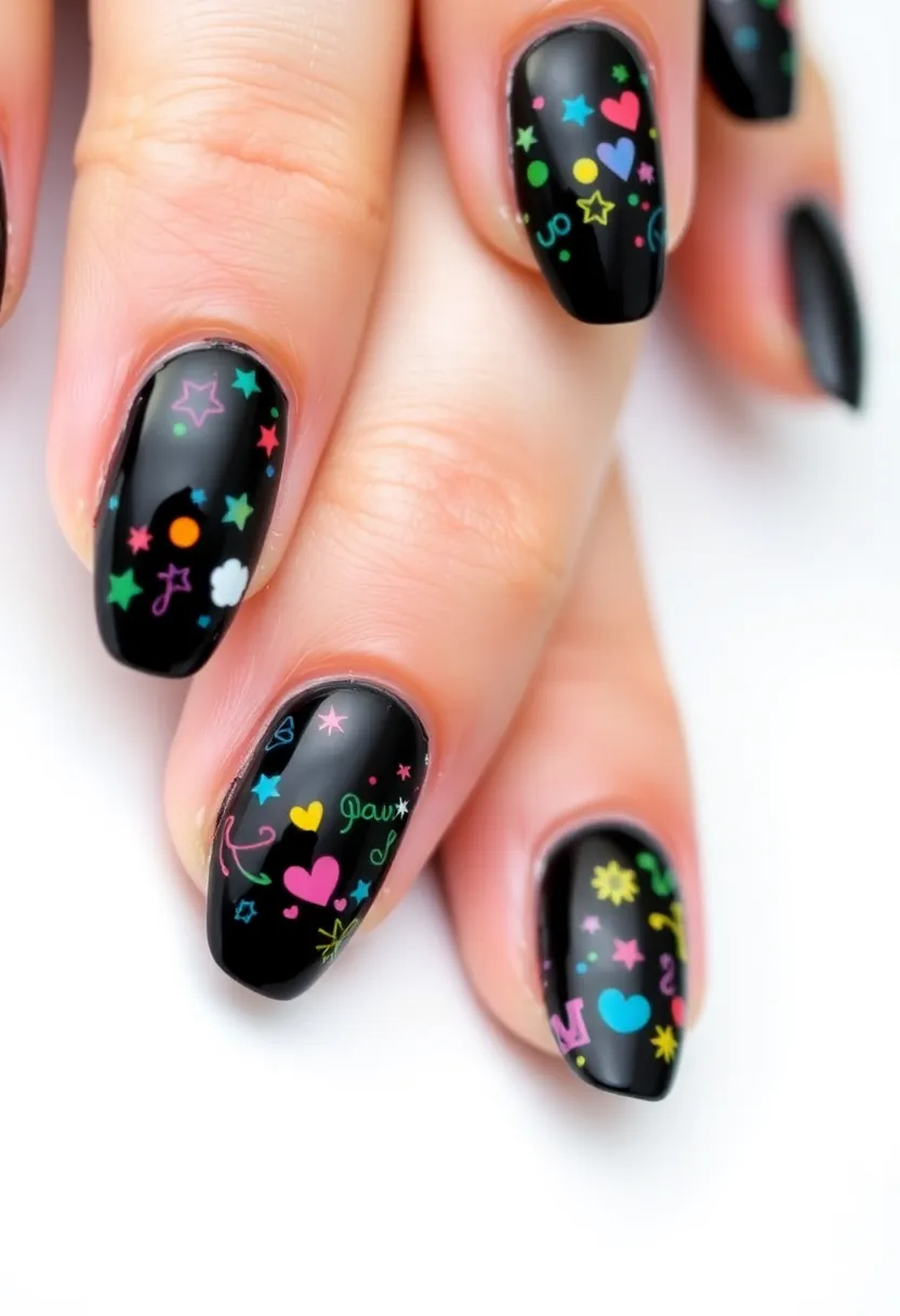 45 Sleek Black Nail Ideas for Timeless Beauty - 41. Black with Doodle Art