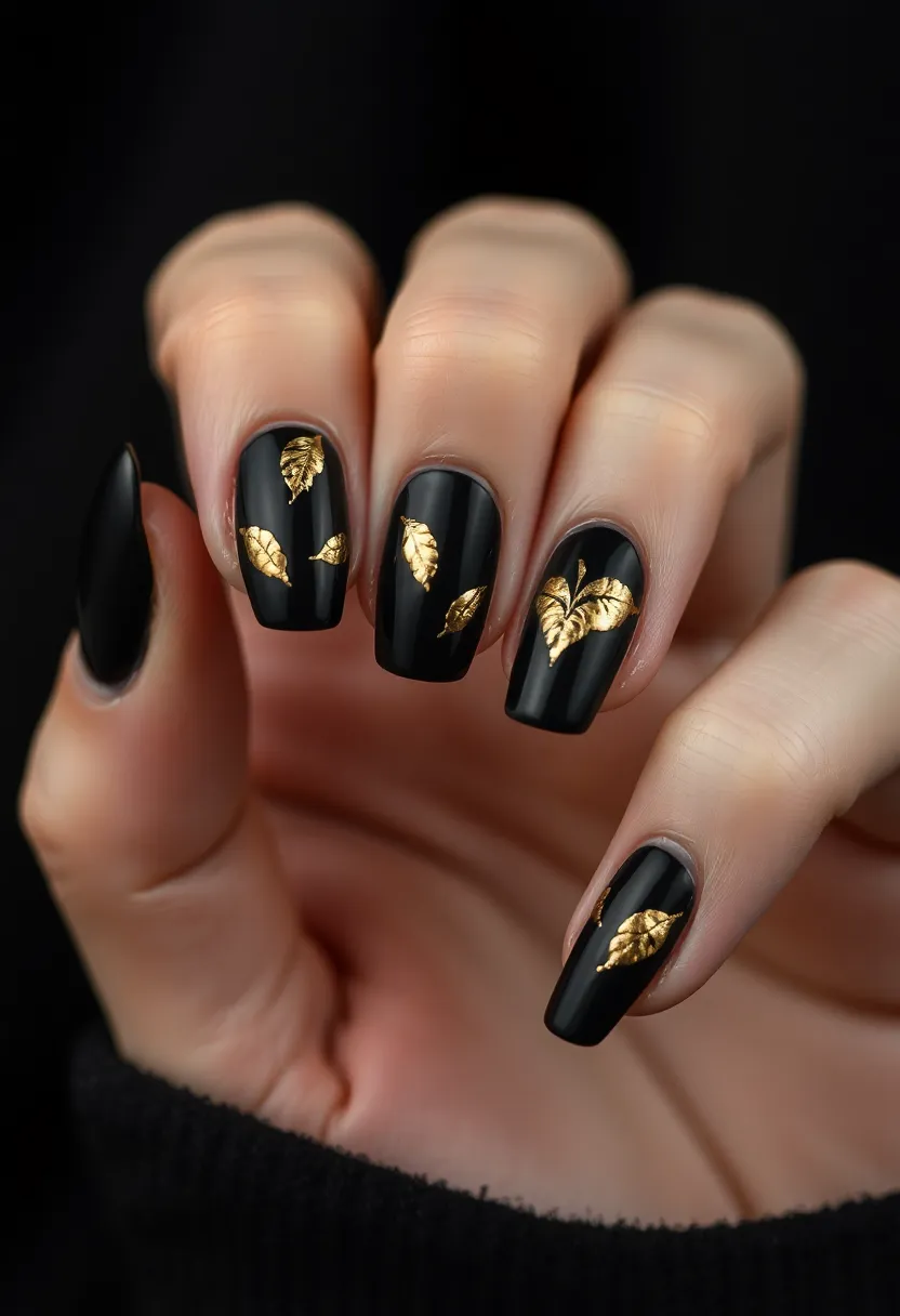 45 Sleek Black Nail Ideas for Timeless Beauty - 42. Black and Gold Leaf Accents