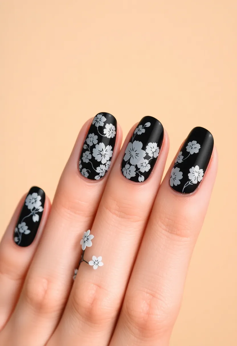 45 Sleek Black Nail Ideas for Timeless Beauty - 44. Black with Negative Space Flowers