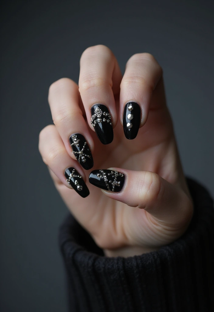 45 Sleek Black Nail Ideas for Timeless Beauty - 7. Silver Studded Black
