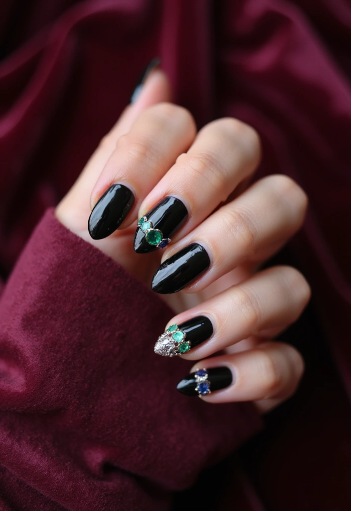 45 Sleek Black Nail Ideas for Timeless Beauty - 9. Black with Jewel Accents