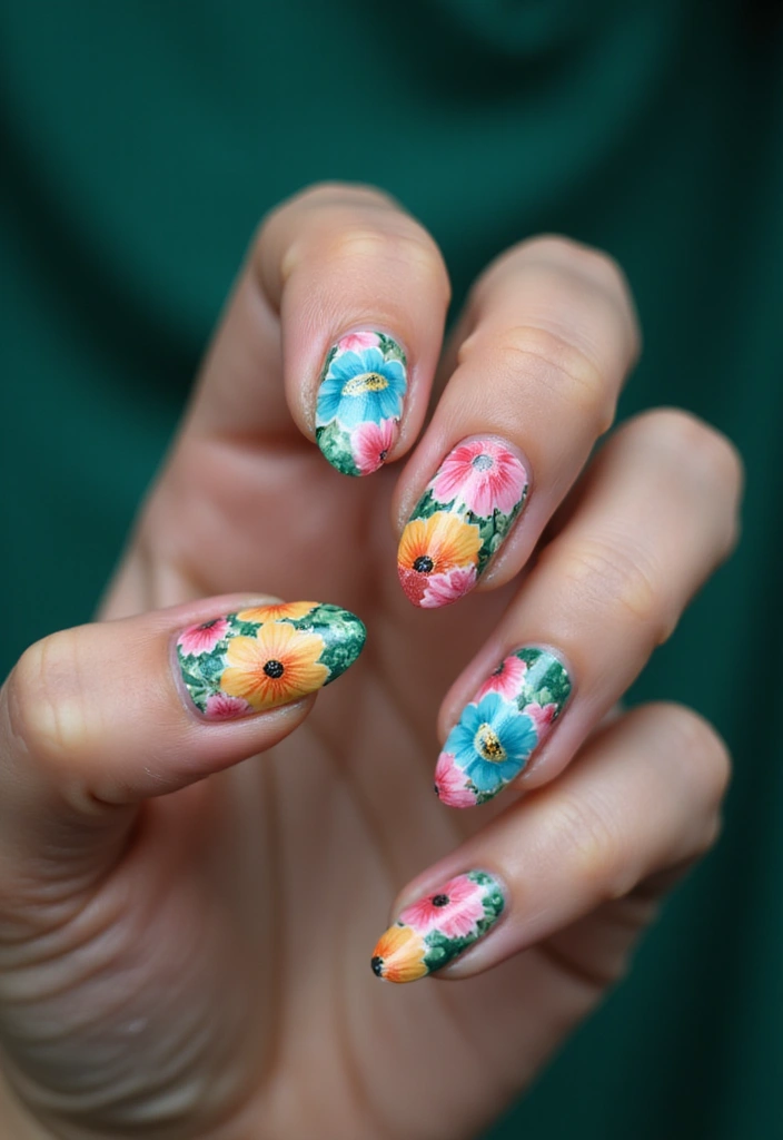 50 Adorable Cute Nail Ideas for Fun - 28. Bold Floral Designs