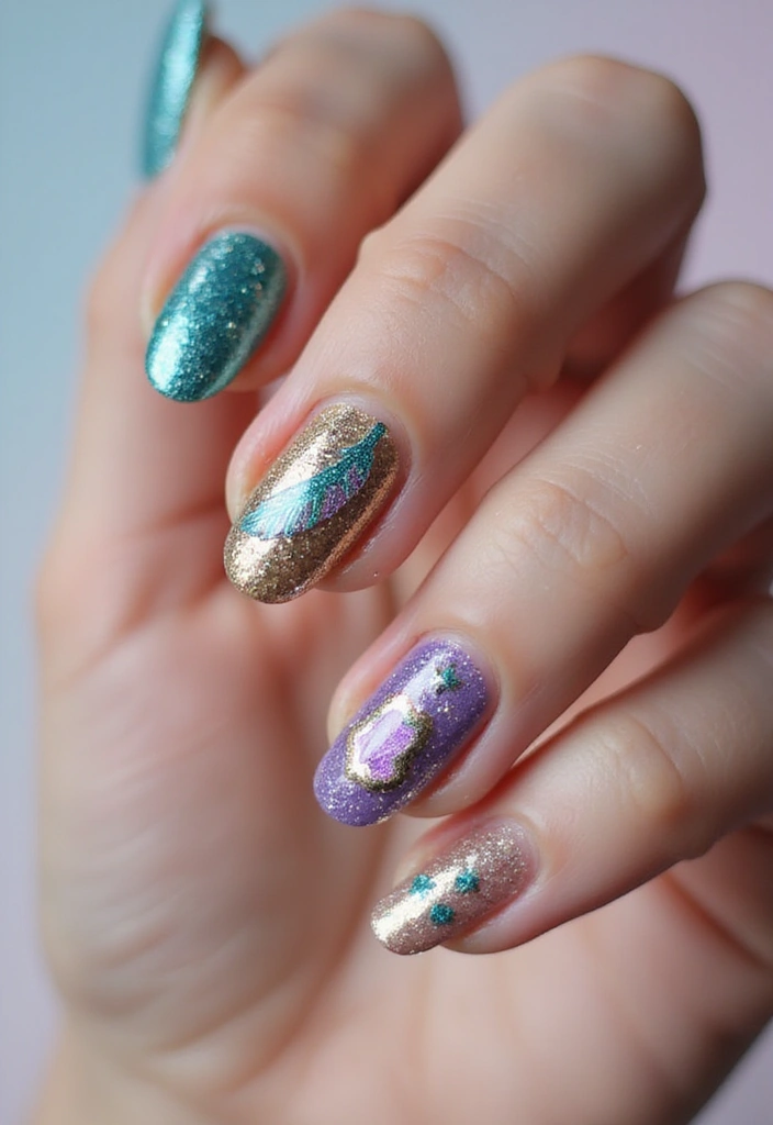 50 Artistic Nail Polish Design Ideas for Colorful Mastery - 36. Sparkling Feathers