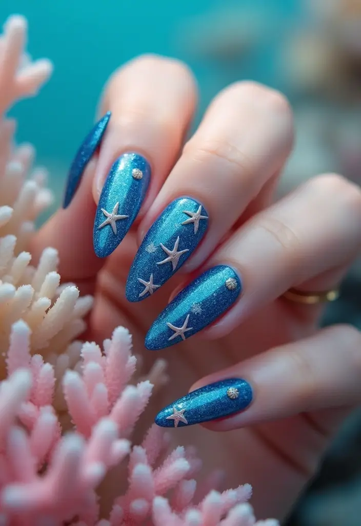 50 Blue Acrylic Nail Ideas for Cool: Depth-Defying Depths - 10. Under the Sea Glitter