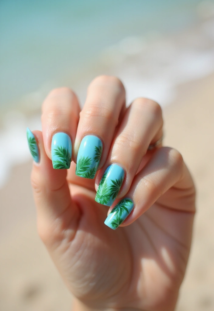 50 Blue Acrylic Nail Ideas for Cool: Depth-Defying Depths - 13. Ocean Breeze Palm Leaves