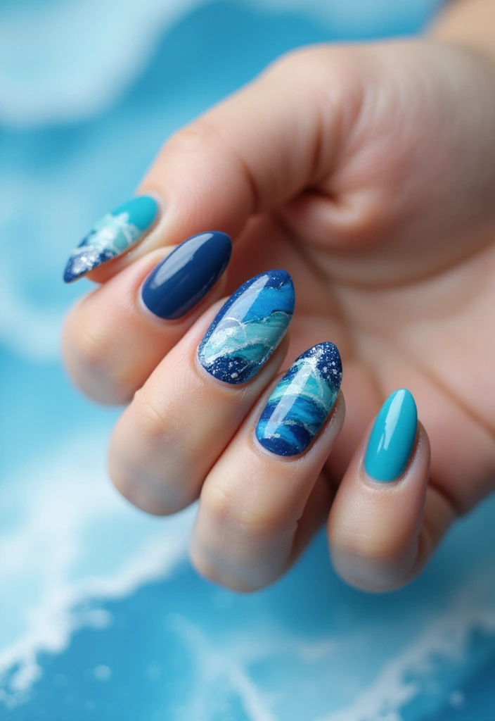 50 Blue Acrylic Nail Ideas for Cool: Depth-Defying Depths - 15. Wave Pattern Nail Art