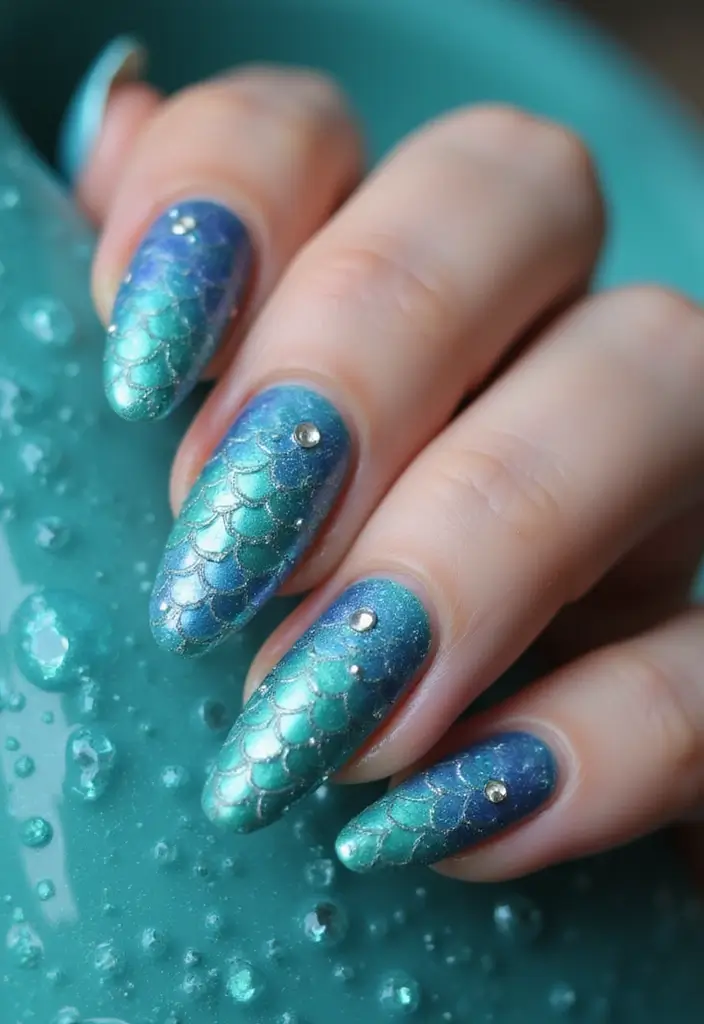 50 Blue Acrylic Nail Ideas for Cool: Depth-Defying Depths - 2. Mermaid Scales