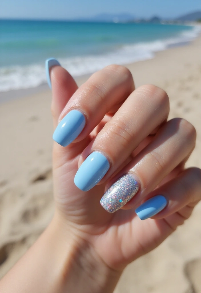 50 Blue Acrylic Nail Ideas for Cool: Depth-Defying Depths - 24. Glitter Beach Sand