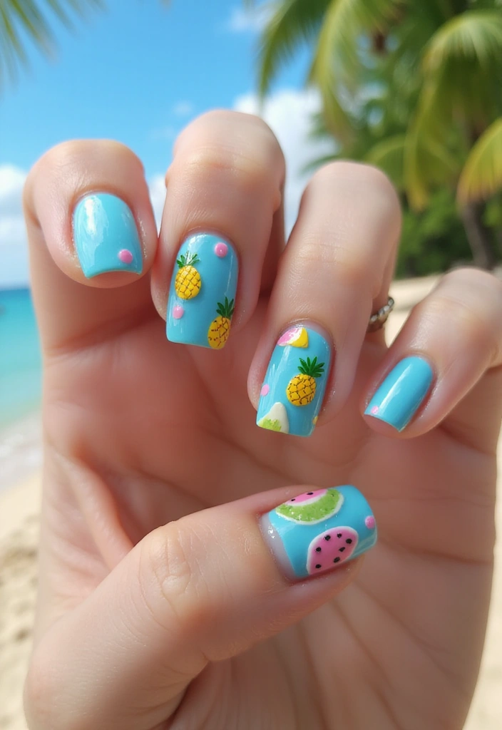 50 Blue Acrylic Nail Ideas for Cool: Depth-Defying Depths - 25. Tropical Fruit Splash