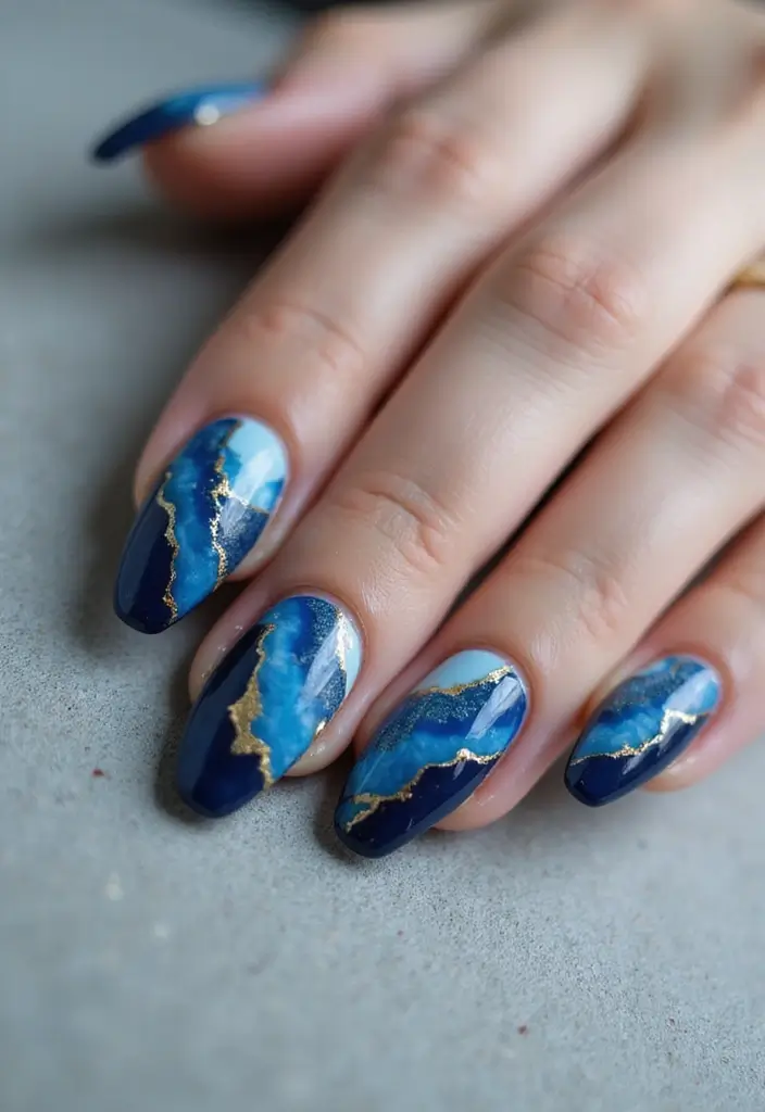 50 Blue Acrylic Nail Ideas for Cool: Depth-Defying Depths - 26. Blue Geode Design