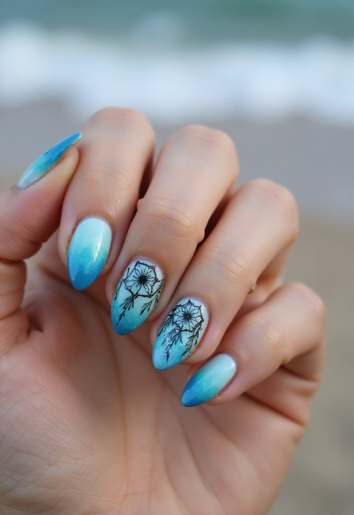 50 Blue Acrylic Nail Ideas for Cool: Depth-Defying Depths - 29. Aquatic Dreamcatcher