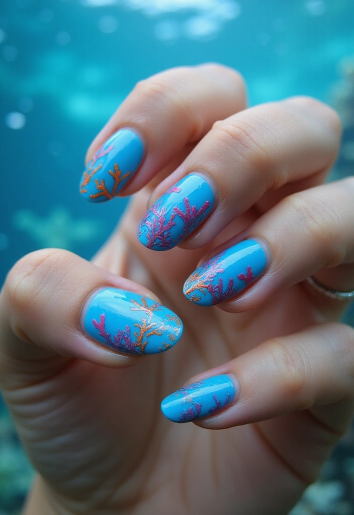 50 Blue Acrylic Nail Ideas for Cool: Depth-Defying Depths - 3. Coral Reef Art
