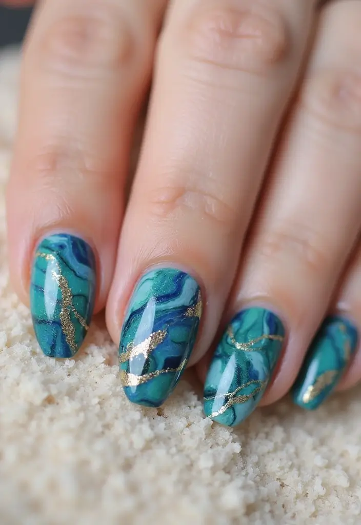 50 Blue Acrylic Nail Ideas for Cool: Depth-Defying Depths - 32. Marine Marble