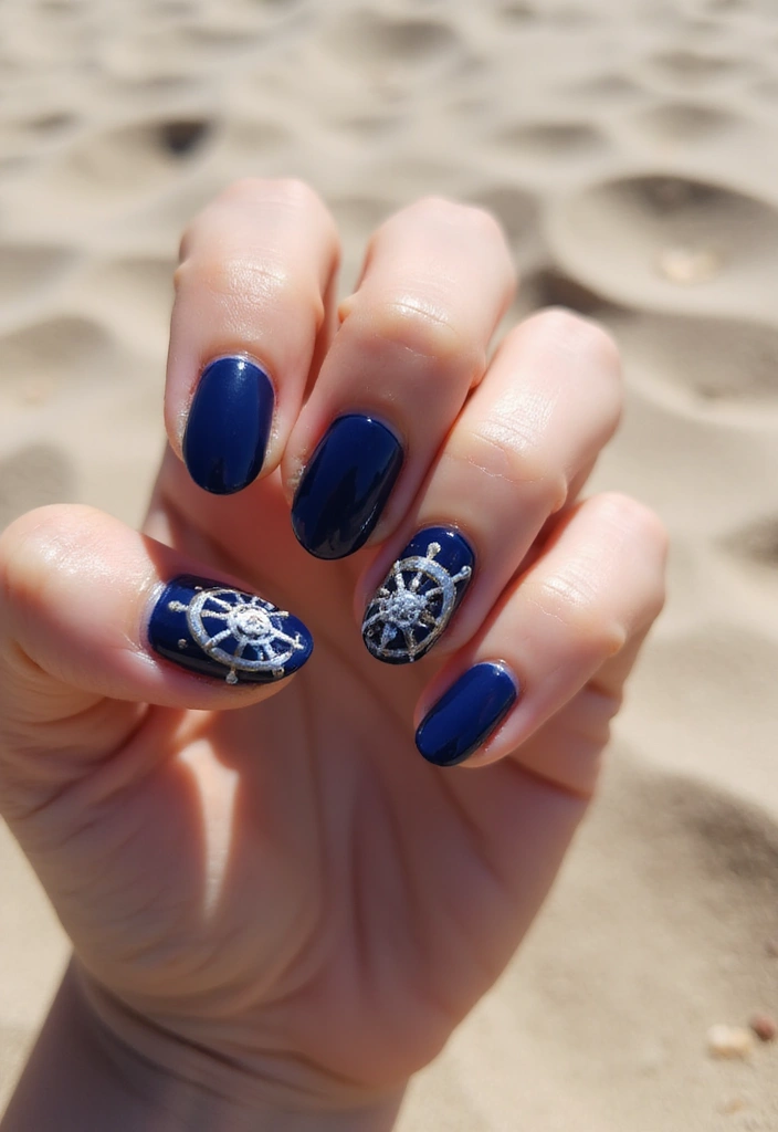 50 Blue Acrylic Nail Ideas for Cool: Depth-Defying Depths - 36. Nautical Wheel Design