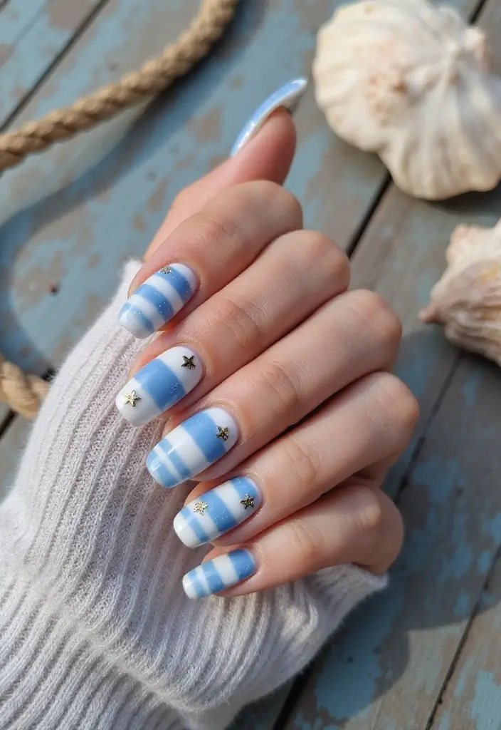 50 Blue Acrylic Nail Ideas for Cool: Depth-Defying Depths - 4. Nautical Stripes