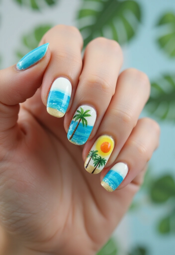 50 Blue Acrylic Nail Ideas for Cool: Depth-Defying Depths - 42. Colorful Ocean Scene