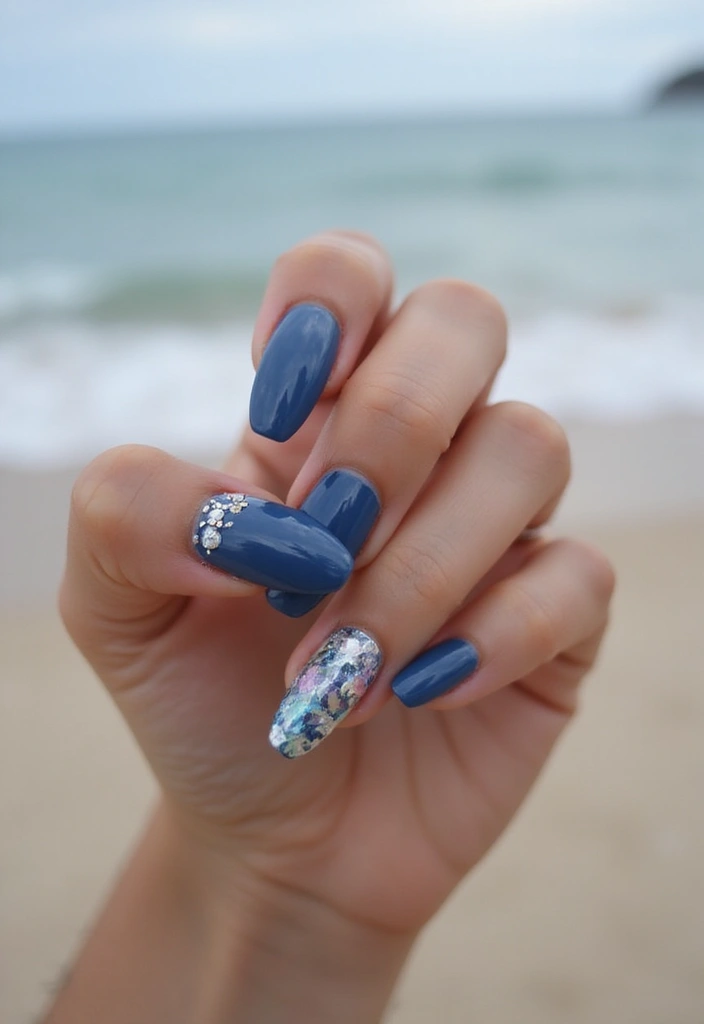 50 Blue Acrylic Nail Ideas for Cool: Depth-Defying Depths - 45. Ocean Depths with Shell Accents