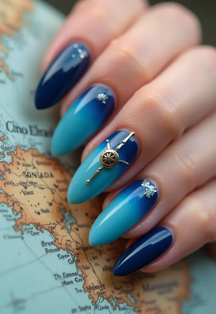 50 Blue Acrylic Nail Ideas for Cool: Depth-Defying Depths - 47. Ombre Nautical Compass