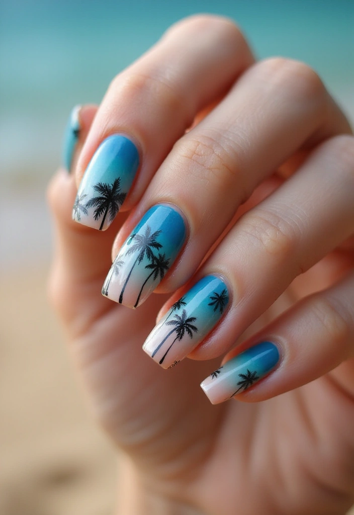 50 Blue Acrylic Nail Ideas for Cool: Depth-Defying Depths - 48. Tropical Blue Sunset