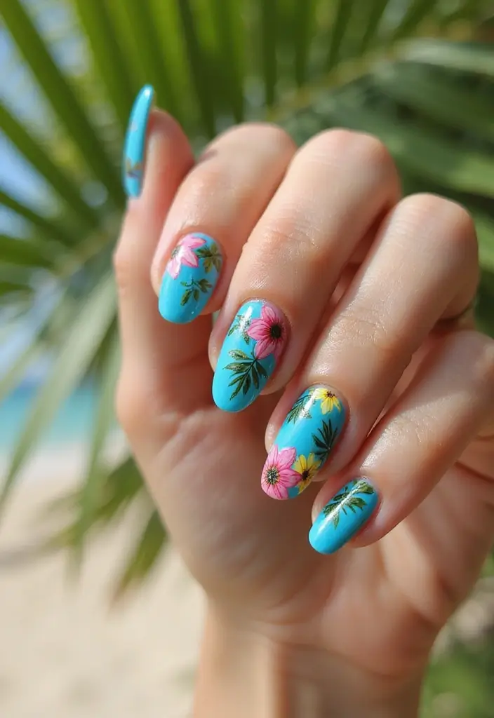 50 Blue Acrylic Nail Ideas for Cool: Depth-Defying Depths - 6. Tropical Paradise