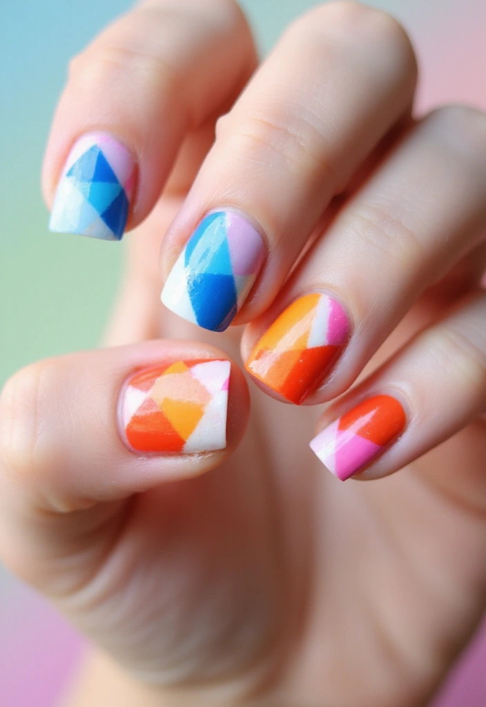 50 Classic Square Nail Ideas for Timeless Geometric Appeal - 46. Vibrant Polygonal Art