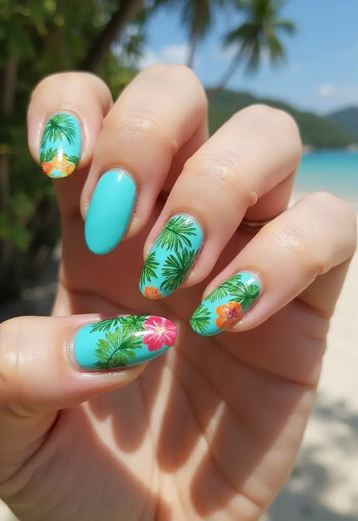 50 Cool Blue Nail Ideas for Tranquil - 17. Tropical Paradise