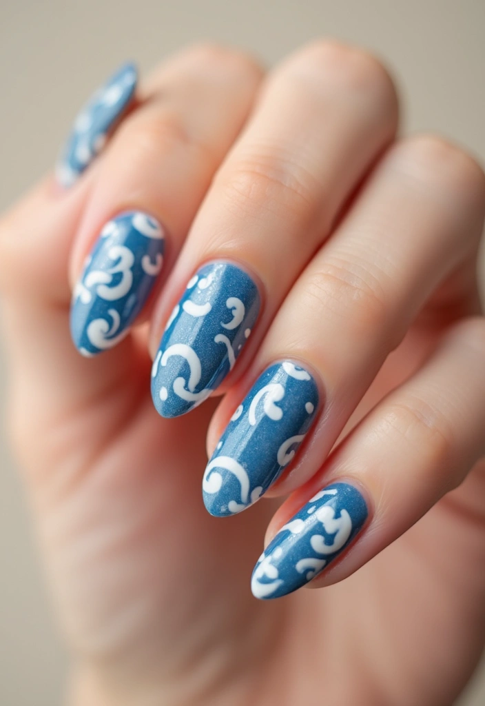 50 Cool Blue Nail Ideas for Tranquil - 22. Blue and White Swirls
