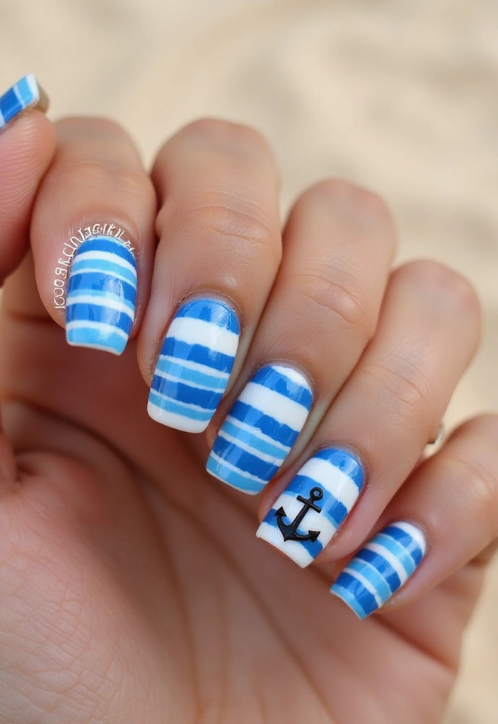 50 Cool Blue Nail Ideas for Tranquil - 23. Nautical Stripes with Anchor