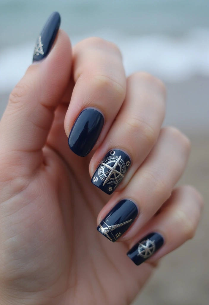50 Cool Blue Nail Ideas for Tranquil - 31. Nautical Compass