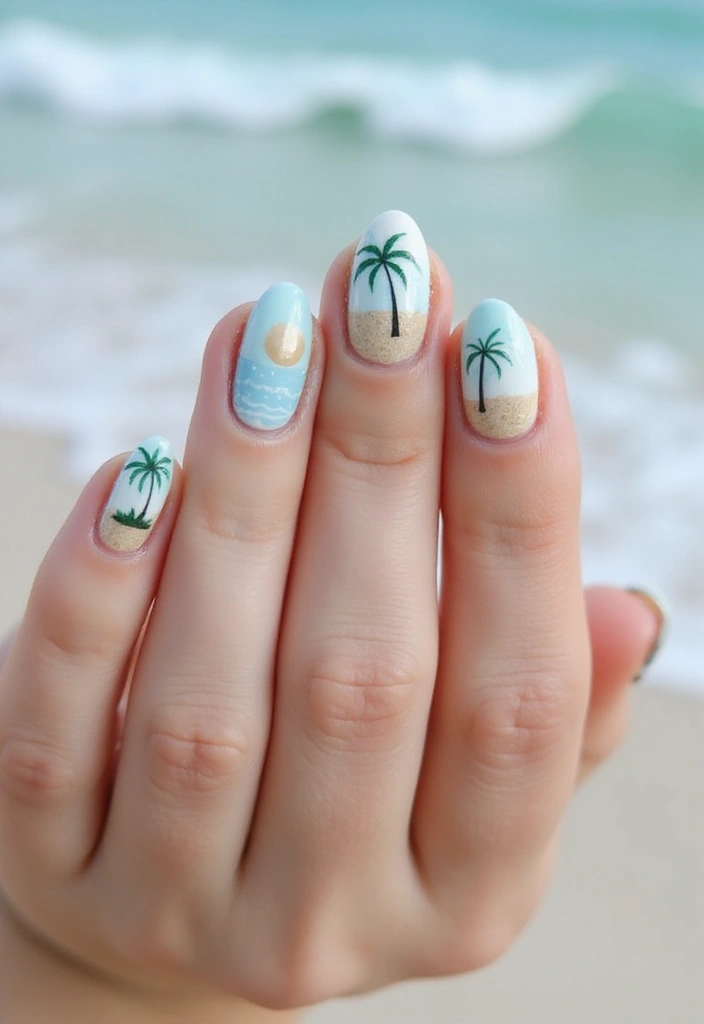50 Cool Blue Nail Ideas for Tranquil - 32. Serene Beach Scene