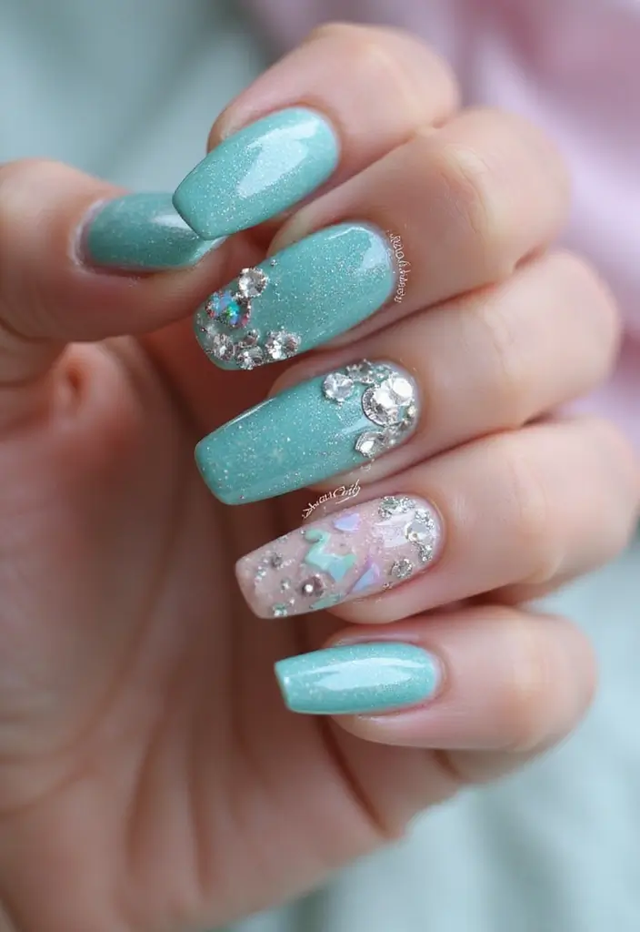 50 Cool Blue Nail Ideas for Tranquil - 4. Shimmering Aqua Glitter