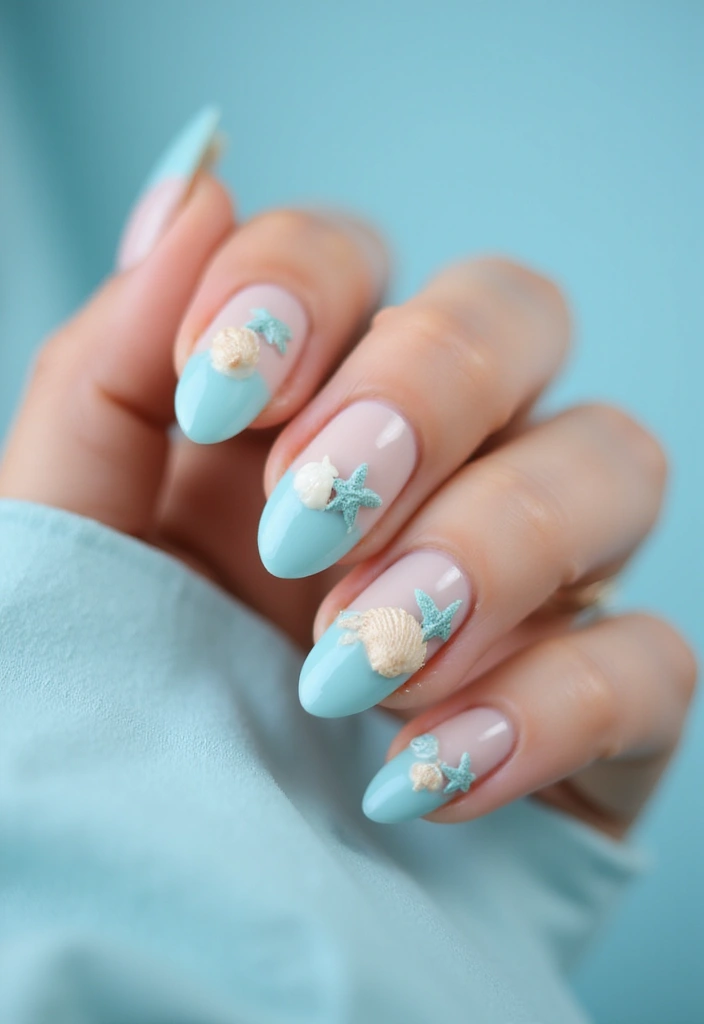 50 Cool Blue Nail Ideas for Tranquil - 5. Seashell Accents