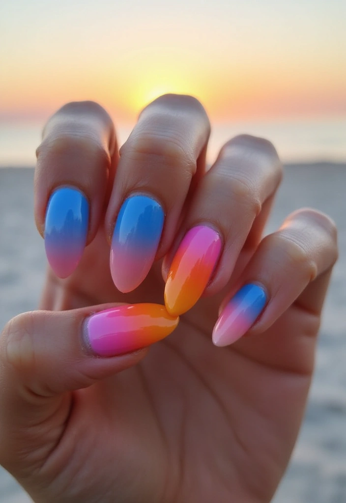 50 Cool Blue Nail Ideas for Tranquil - 7. Beach Sunset Gradient