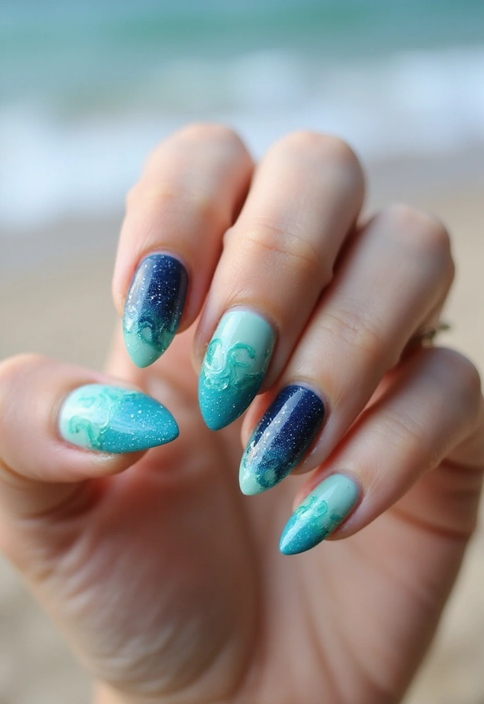 50 Creative Nail Art Design Ideas for Explosive Artistic Expression - 4. Ocean Vibes with Water-Based Nail Art