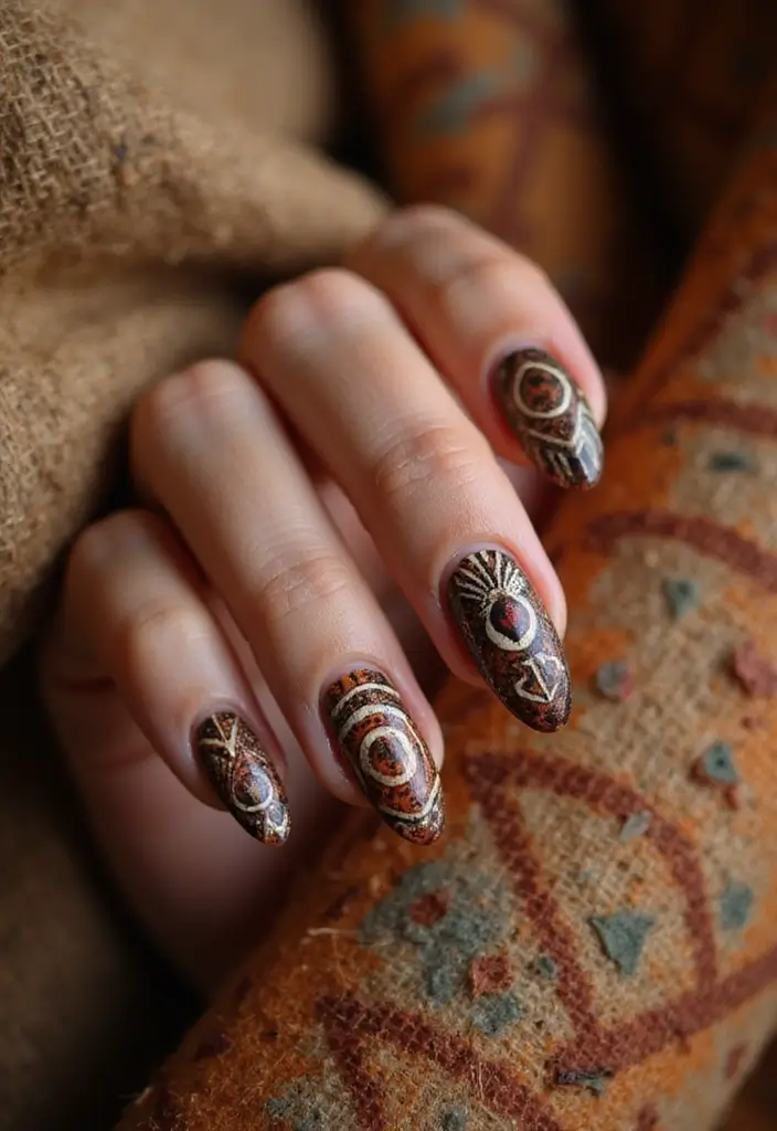 50 Creative Nail Polish Ideas for Colorful Explosions - 21. Tribal Patterns with Natural Dyes