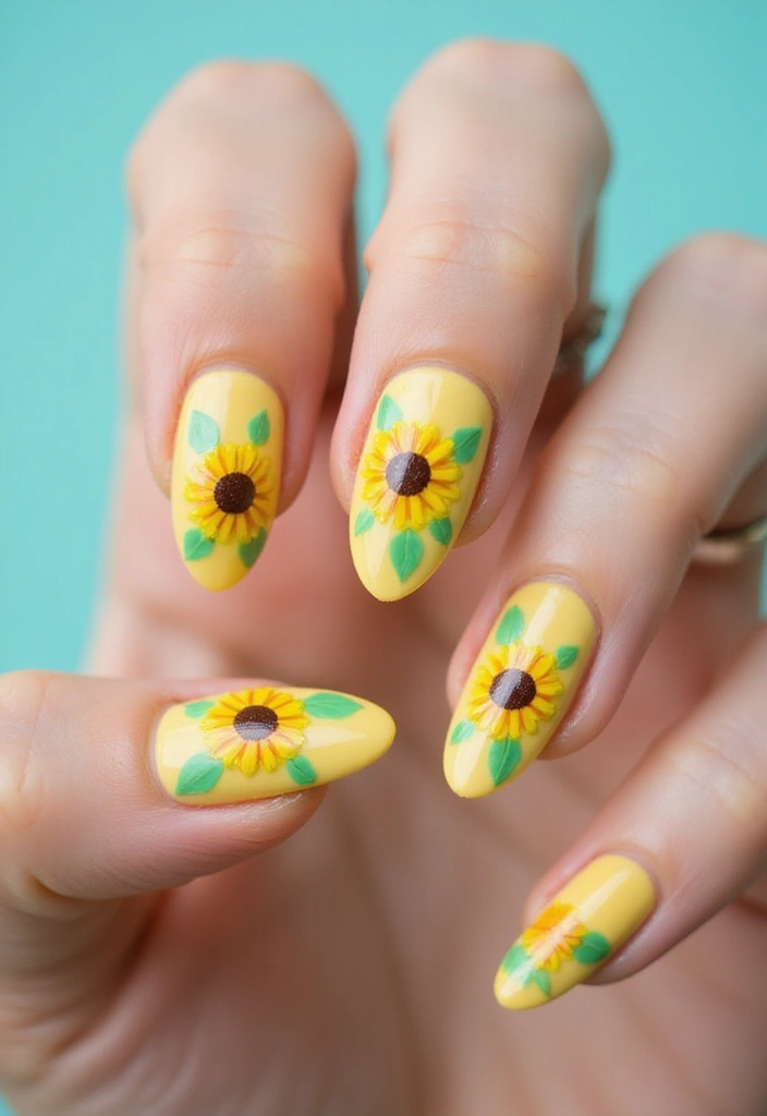 50 Creative Nail Polish Ideas for Colorful Explosions - 27. Sunflower-inspired Nail Art