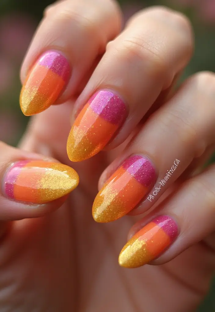 50 Creative Nail Polish Ideas for Colorful Explosions - 41. Glittery Sunset Nails
