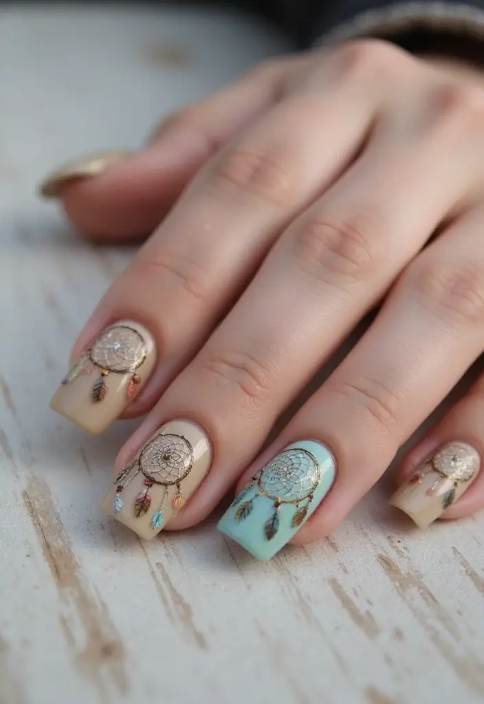 50 Daring Designs: Eco-Friendly Acrylic Nail Ideas for Durable Beauty - 7. Boho Dreamcatchers