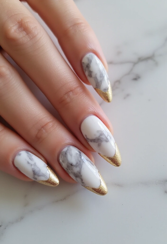 50 French Tip Nail Variations for Elegant Edge-Defining Edges - 35. Marble and Gold Tips