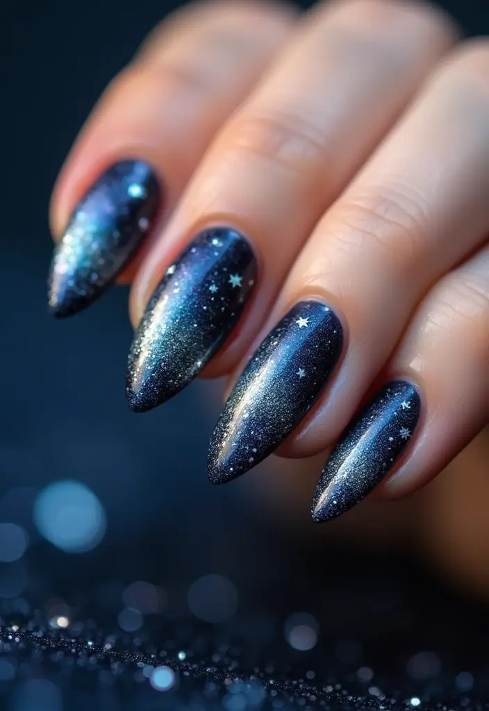 50 Holiday Nail Ideas for Seasonal Sparkling Celebrations - 10. Glittery Gradient with Stars